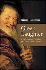 Book cover: old man grinning, looking sideways towards the viewer. Text reads: Greek Laughter.