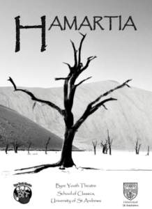 Harmatia programme cover, Black leafless tree on greyscale landscape, with the word Harmatia above it.
